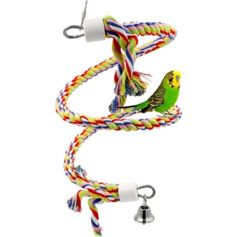 Jouets pour Oiseaux, Corde d’Escalade pour Perroquet, Balançoire, Corde d’Équilibre en Spirale, Perroquet en Corde de Coton Arc-en-Ciel Moyenne avec Clochette