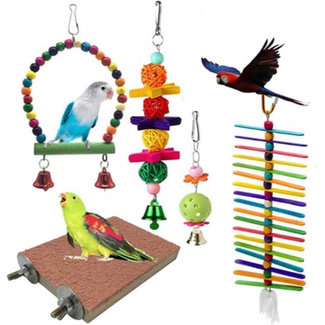 Jouets pour oiseaux, lot de 5 jouets à mâcher, perchoir à balançoire, perles en bois, balle et clochette