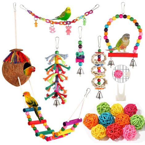 Jouets pour perroquets colorés à mâcher avec cloches, échelle d'escalade, noix de coco, jouets pour petits calopsittes, conures, pinsons, perruches, aras, oiseaux