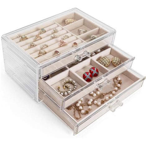 Joyero con 3 cajones de terciopelo acrílico para pendientes, anillos, collares y pulseras - Organizador, regalo para mujer (beige)