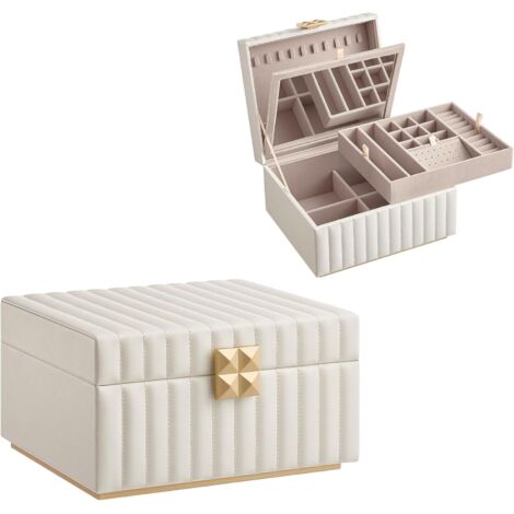Joyero de 2 niveles con espejo, organizador de joyas, bandeja extraíble, superficie de poliuretano con costuras, efecto flotante, 21,6 x 24,9 x 13,5 cm, regalo,
