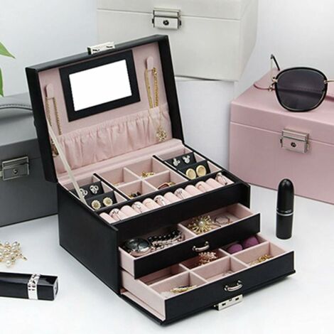 Joyero de 3 niveles Crediri para mujer, joyero de cuero sintético con cerradura, organizador de joyas con 2 cajones y espejo. Almacenamiento de joyas para anillos, pendientes, collares, color negro.