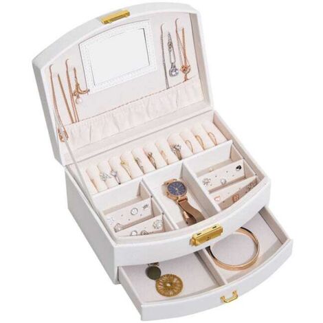Joyero de cuero para mujer, estuche de dos niveles para guardar anillos, pendientes y collares.