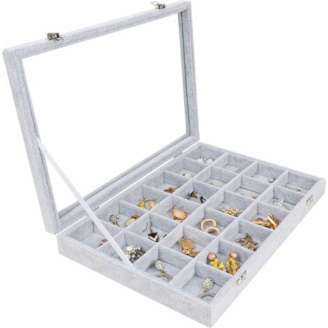 Joyero de Terciopelo Gris con 24 Secciones y Tapa de Vidrio - Joyero apilable y Modular para Anillos, Collares, Pulseras, Pendientes y Relojes