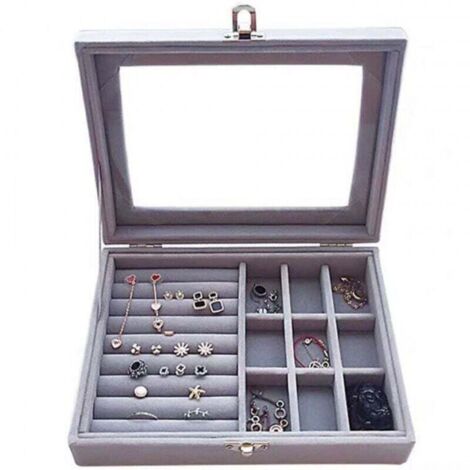 Joyero de terciopelo KZQ, gris con tapa de cristal transparente, ideal para guardar anillos, collares, pulseras y pendientes.