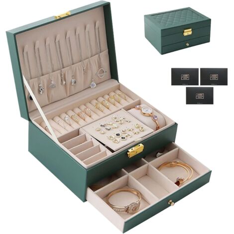 Joyero de viaje de 2 niveles para niñas, de piel sintética, para anillos, collares, candados y llaves. Incluye paño para pulir plata. Verde oscuro.