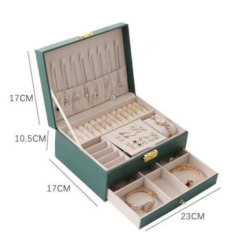 Joyero de viaje de 2 niveles para niñas, organizador de joyas de cuero sintético, para anillos, collares, candados y llaves, verde oscuro.