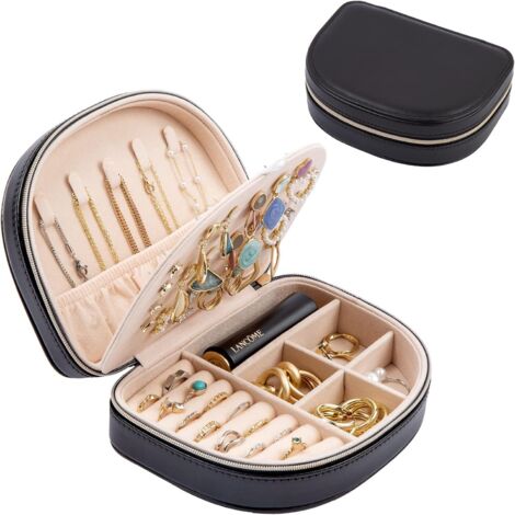 Joyero de viaje de doble capa, bolsa portátil de cuero sintético para guardar joyas, para anillos, pendientes y collares pequeños - Negro