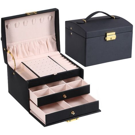 Joyero de viaje de piel impermeable – tres niveles, dos cajones – apto para guardar anillos, pendientes, collares y pulseras (negro).
