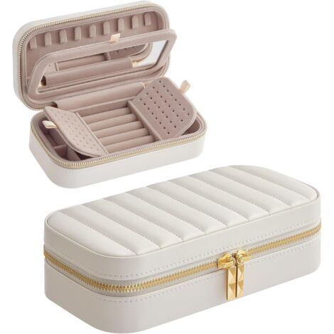 Joyero de viaje, pequeño joyero con espejo, 10,4 x 20,3 x 6,1 cm, superficie de poliuretano con costuras, portátil, cierre de cremallera, idea para regalo, blanco