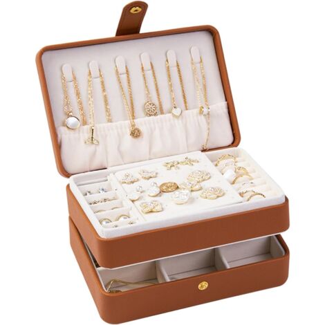 Joyero de viaje pequeño, portátil, de cuero de dos niveles, ideal para niñas y pendientes. Ideal como regalo.