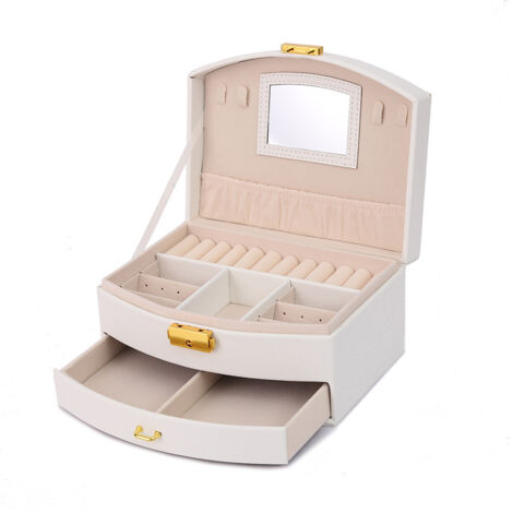 Joyero para mujer con espejo, cofre de joyas de 2 niveles, pequeño joyero para mujeres y niñas, organizador de joyas de viaje para anillos, pendientes, collares y pulseras.
