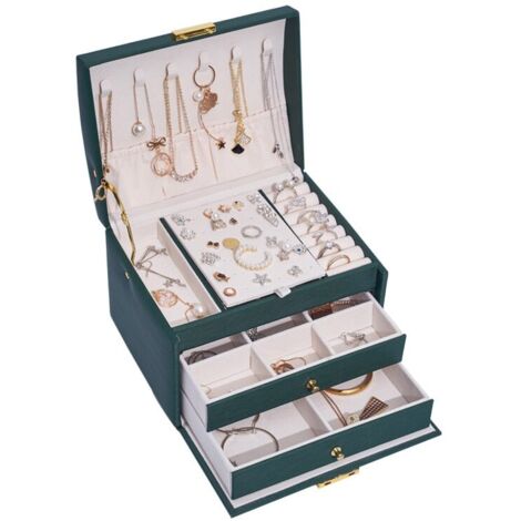 Joyero para mujer, joyero de viaje con dos cajones con cerradura para anillos, pulseras, pendientes, collares y regalos. Interior de terciopelo. El mejor regalo para mujer (blanco).