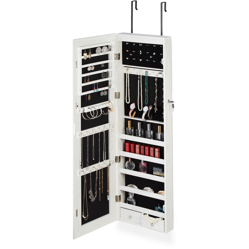 

Joyero Puerta Armario XXL, Con Espejo y LED, Colgante, DM-Cristal-Terciopelo, 1 Ud., 120 x 37 x 9,5 cm, Blanco