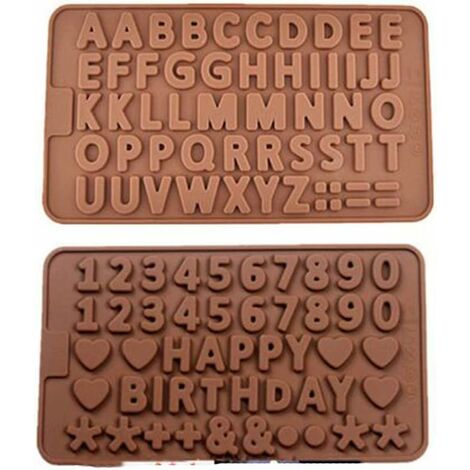 Joyeux Anniversaire Alphabet Chocolat Moule Silicone Marron Chocolat Moule Lettres Chiffres Silicone Moulle pour Tablettes De Chocolats, Barre énergétiques Et Protéinées, Glaçons, Bonbons-2Pcs