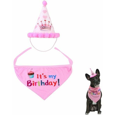 Joyeux anniversaire Bandana écharpe et chapeau de fête mignon pour chien, animal de compagnie, cadeau d'anniversaire, set de décoration, rose-