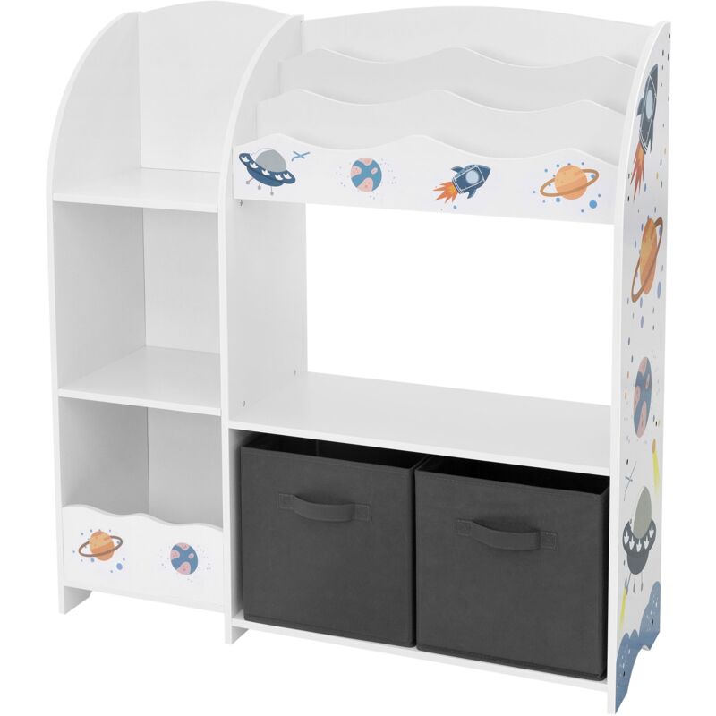 Joyz Kinderregal, Weltraum-motiv, 93x30x98 Cm, Weiß, Spielzeugregal Mit 8 Ablagefächern Und 2 Abnehmbaren Stoffboxen, Kinder-bücherregal Holz,