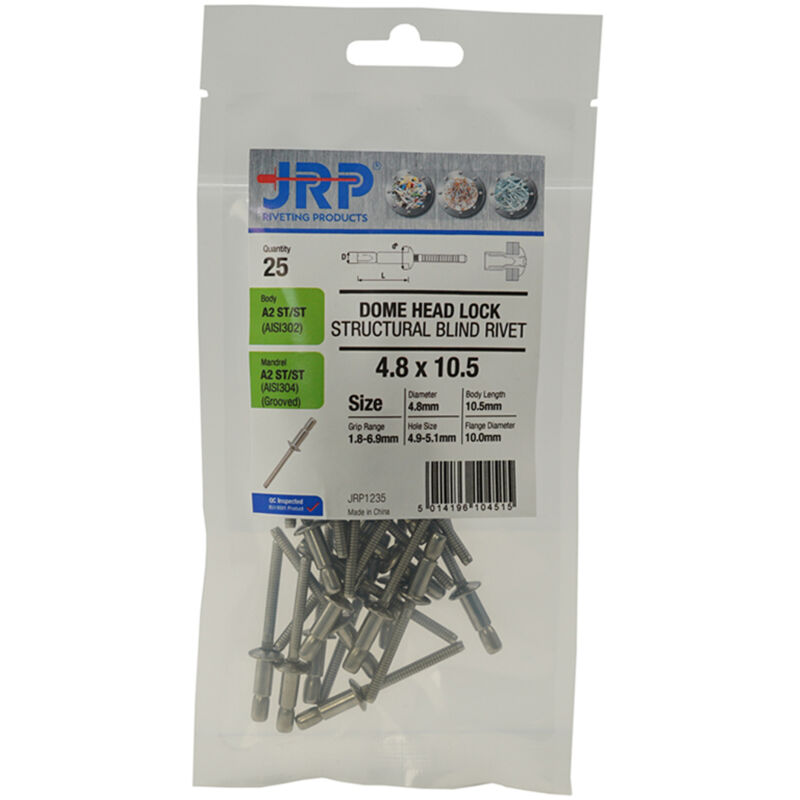 Jrp Riveting Products 4.8 x 10.5mm A2 Dome Head Rivets -