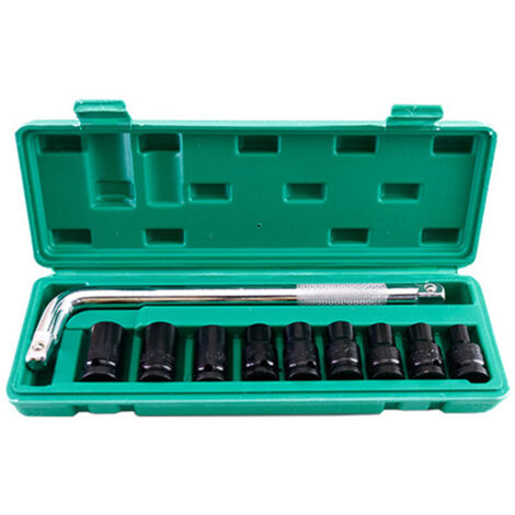 Juego 10 vasos impacto hexagonales 6 puntas profundidad 40mm accionamiento 1/2 pulgada, acero alto carbono, con llave y estuche almacenamiento