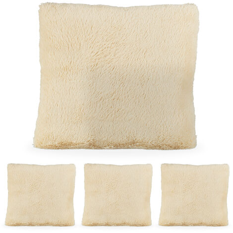 Juego 4 Cojines Pelo Sintético, con Relleno, Funda Removible Peluche, Decorativo, 35x40 cm, Colores crema