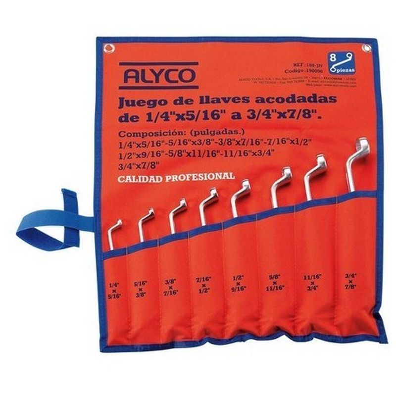 

ALYCO 190090 - Juego 8 llaves acodadas 2 bocas en pulgadas DIN 838 y bolsa de nylon