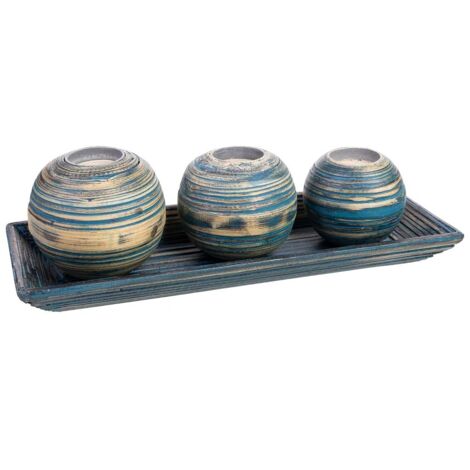 Juego bandeja y 3 portavelas de madera de bambú azul 33x13x3h cm