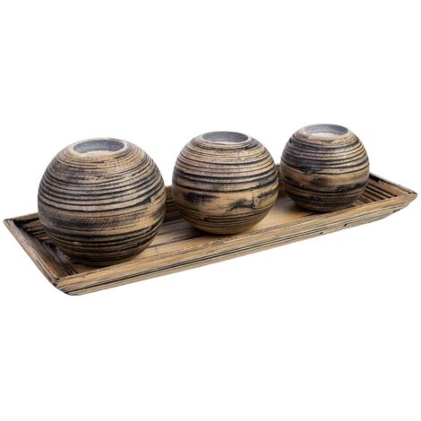 Juego bandeja y 3 portavelas de madera de bambú marrón 33x13x3h cm