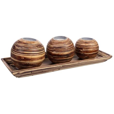 Juego bandeja y 3 portavelas de madera de bambú marrón 33x13x3h cm