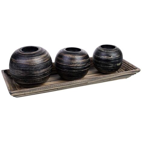 Juego bandeja y 3 portavelas de madera de bambú negro 33x13x3h cm