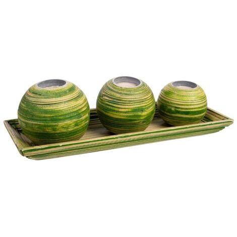 Juego bandeja y 3 portavelas de madera de bambú verde 33x13x3h cm