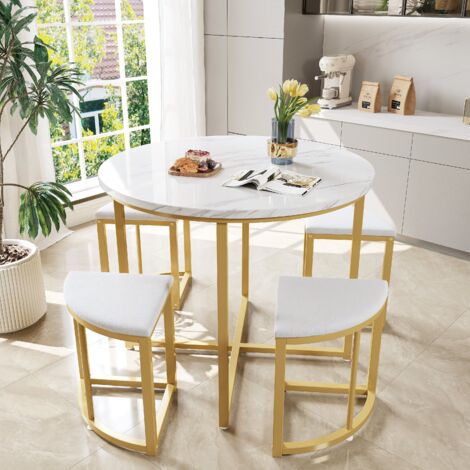 Juego comedor 5 piezas moderno lujo MDF patas doradas sillas terciopelo blanco