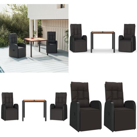 Juego comedor jardín 3 pzas madera acacia ratán sintético negro - Sillas reclinables - Mesa de jardín