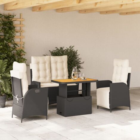 Juego comedor jardín 4 piezas con cojines ratán sintético negro
