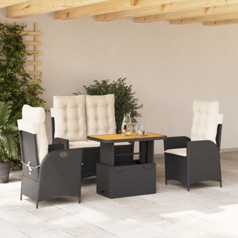 Juego comedor jardín 4 piezas con cojines ratán sintético negro