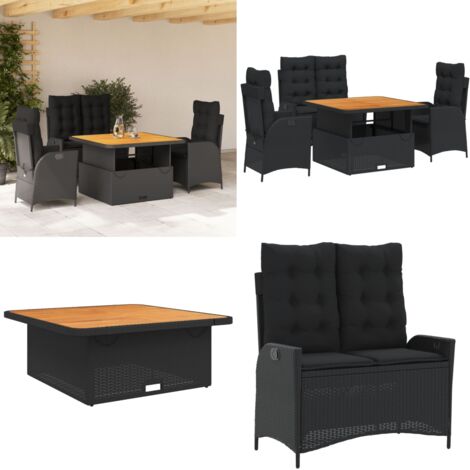 Juego comedor jardín 4 piezas con cojines ratán sintético negro - Comedor al aire libre - Muebles de jardín