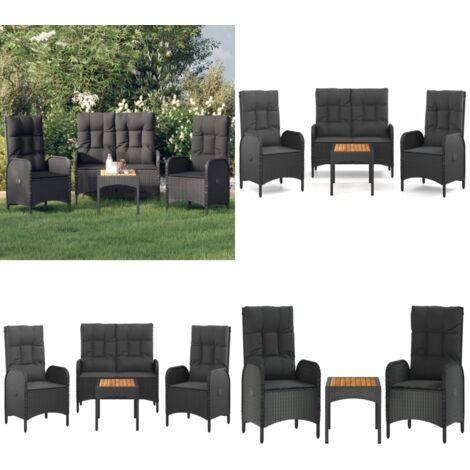 Juego comedor jardín 4 piezas con cojines ratán sintético negro - Comedor - Sillas de jardín