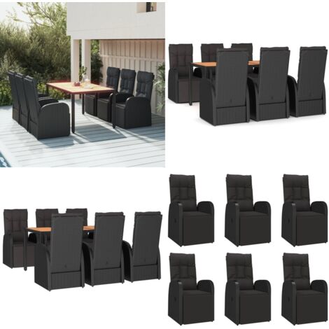 Juego comedor jardín 7 pzas madera acacia ratán sintético negro - Sillas reclinables - Mesa de jardín