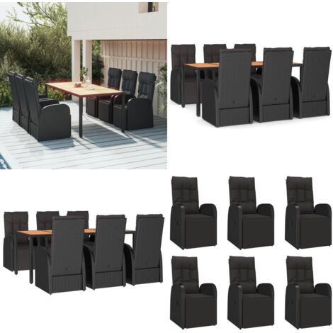 Juego comedor jardín 7 pzas madera acacia ratán sintético negro - Sillas reclinables - Mesa de jardín