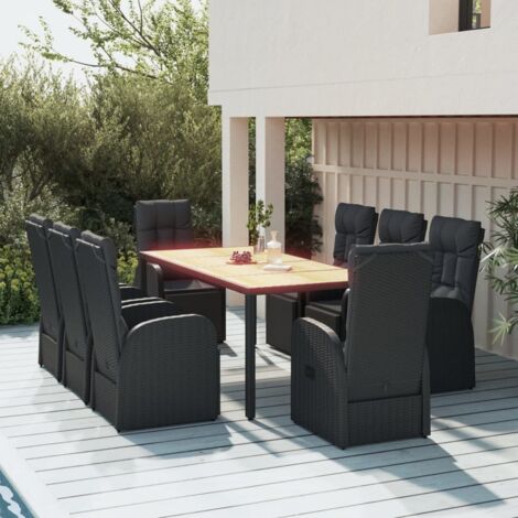 Juego comedor jardín 9 pzas madera acacia ratán sintético negro