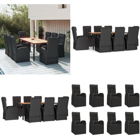Juego comedor jardín 9 pzas madera acacia ratán sintético negro - Sillas reclinables - Mesa de jardín
