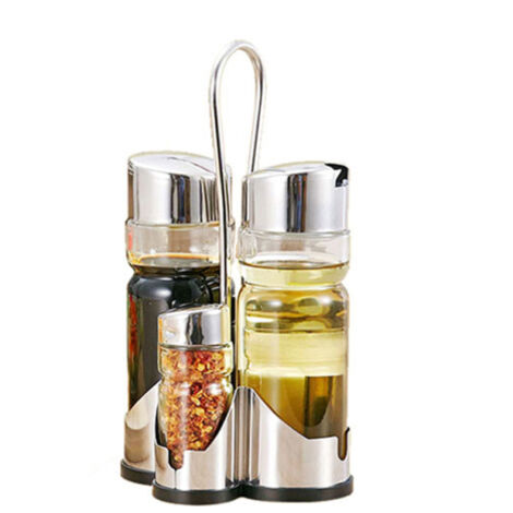 Juego condimentos 4 en 1 aceite vinagre sal pimienta – Vinagreras vidrio con soporte