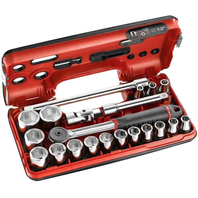 Juego dbox 21 piezas Facom carraca estanca y vasos hexagonales métricos 1/2 - S.161DBOX1PB