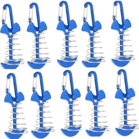 Juego de 10 anclajes resistentes al viento de aleación de aluminio con hebilla de resorte, para acampada al aire libre, portátiles, color azul.