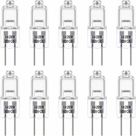 Juego de 10 bombillas halógenas G4 de 12 V y 20 W. Estas bombillas emiten una luz blanca cálida de 3000 K y una luminosidad de 350 lúmenes. Son regulables y transparentes.