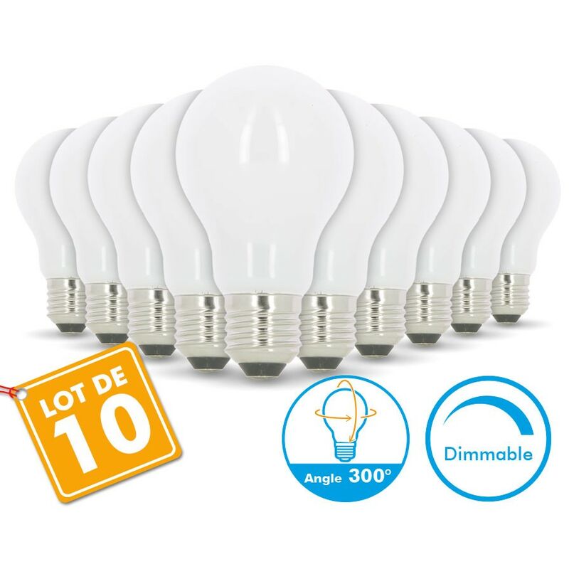 

Juego de 10 bombillas LED E27 10W Eq 75W Vidrio regulable | Temperatura de color: Blanco cálido 2700K