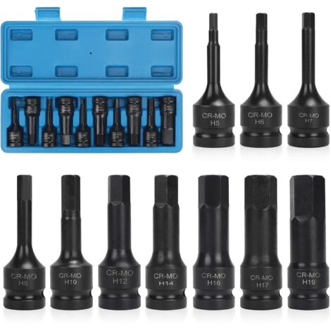 Juego de 10 dados hexagonales macho de 1/2", H5, H6, H7, H8, H10, H12, H14, H16, H17, H19, con caja.
