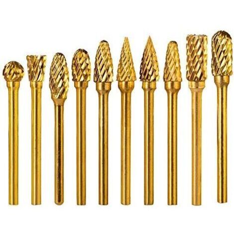 Juego de 10 fresas rotativas de carburo de titanio de doble filo - Vástago de 3 mm - Cabeza de 6 mm - Carburo de tungsteno sólido - Para amoladoras, tallado y pulido de metales