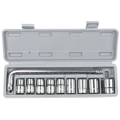 Juego de 10 llaves de vaso de 1/2" (8-21 mm) para reparación de automóviles y mecánica, con caja de almacenamiento gris.