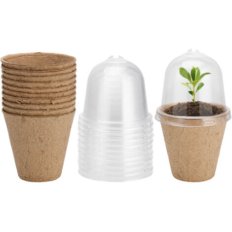 Juego de 10 macetas biodegradables con cúpula de humedad: Diámetro de apertura: 6 cm, 8 cm, color marrón, celulosa + PP