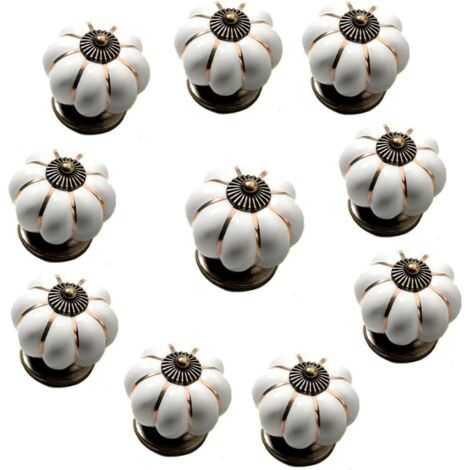 Juego de 10 pomos de cajón de cerámica vintage con forma de calabaza, con 3 tipos de tornillos (22/25/30 mm) (blanco)